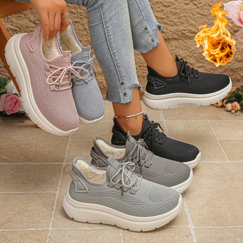 Knit Fabric Lace Up Sneakers - Tênis de Caminhada Feminino para Atividades